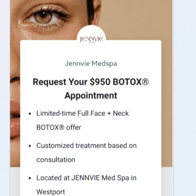 Full Face + Neck BOTOX $950 Special at JENNVIE Med Spa in Westport, CT